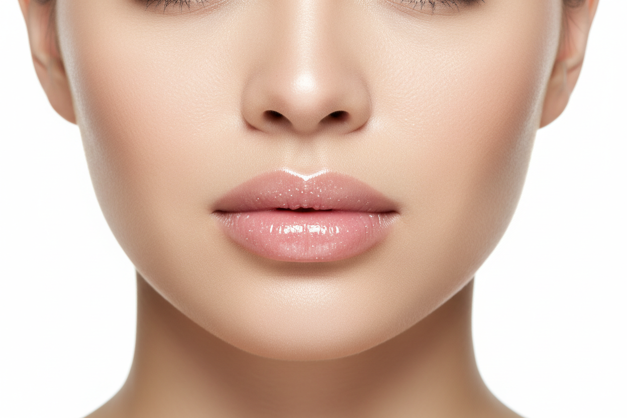 a high resolution picture of a lady with glossy lips with a white clear background